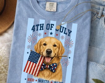 Comfort Colors Patriotic Golden Retriever Striped Shirt, 4th Of July American Flag Tee, Funny USA Dog Lover Gift, Red White Blue Outfit
