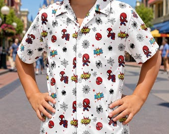 Spiderman Kids Hawaiian Shirt, Kids Superhero Button Up for Summer Trips, Family Vacation Outfits & Casual Spiderman Character Party Wear