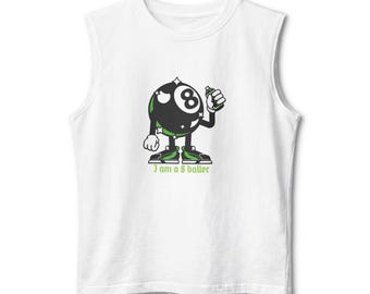 Eight Ball Character Muscle Tank | Cartoon Pool Ball Illustration, 'I am a Hustler' Text