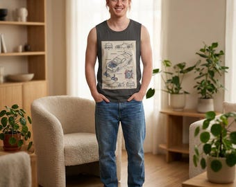 Vintage Sports Car RX 7 Blueprint Performance Sleeveless Tee | Engine Diagram, Racing Illustration