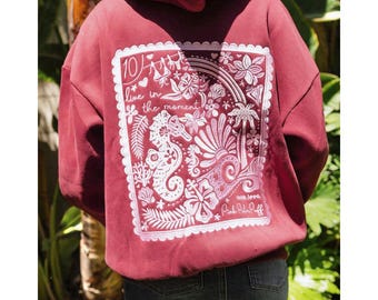 Pink Palm Puff Live in the Moment-geborduurde hoodie, kusttrui met bloemenprint