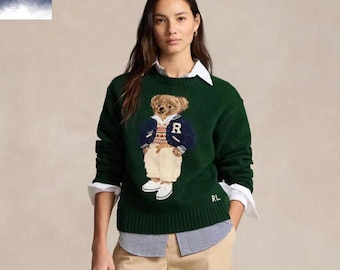 Authentic Polo Ralph Lauren Bear Knit Sweater | Classic Green Blend Crewneck Luxury