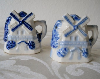 Vintage Salt and Pepper Shakers Dutch Windmill Blue and White Made in Japan 1950s