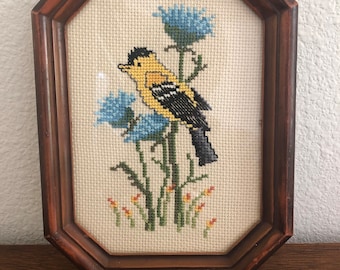 Vintage Framed Needlepoint Yellow Bird