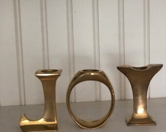 Vintage Brass Christmas "Joy" Candle Holders