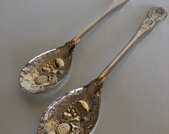 Vintage Large Silver Plated Salad Servers with  Ornate Fruit Design