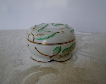 Vintage Porcelain Covered Trinket Dish Round White Green Gold Leaves I.W. Rice & Co. Made in Japan