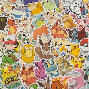 May include: A selection of vibrant stickers displaying cartoon characters. The stickers feature diverse designs, including popular characters, and the text "Pokémo HOME". The stickers are in various shapes and sizes, with a glossy finish.
