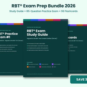 Puede incluir: El paquete de preparación para el examen RBT 2026 incluye una guía de estudio, un examen de práctica de 85 preguntas y 96 tarjetas didácticas. Los documentos verde oscuro muestran texto blanco que detalla el contenido del examen RBT y sus áreas.