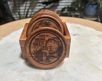 Acacia Wood Beer Coasters Set | Engraved Taproom Bar Decor Holder