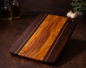 Exotic Wood Cutting Board | Canarywood, Walnut, Padauk Accent Stripes, Charcuterie Board