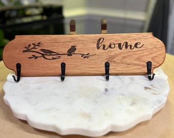 Spanish Cedar Key Holder | Engraved Bird Branch Design, Farmhouse Entryway Organizer