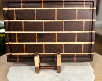Walnut Maple End Grain Cutting Board | Brick Pattern Butcher Block with Juice Groove