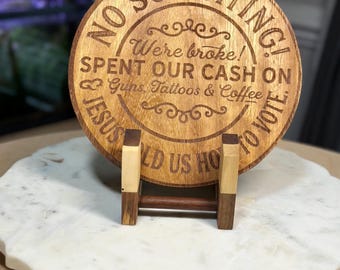 Funny Outdoor Teak Sign | “No Soliciting” Wooden Door Sign | Laser Engraved Patio & Porch Decor