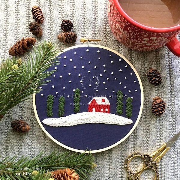 Hand Embroidery KIT - Christmas Cabin in the Woods,  Beginner Holiday Winter Stitching Project, Easy Embroidery Kit by And Other Adventures