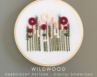 Beginner Hand Embroidery PATTERN | Wildwood PDF Download, Hand Embroidered Flowers, DIY Valentine Craft Project, Pink and Green Hoop Art