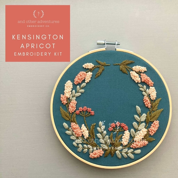 Beginner Hand Embroidery KIT - Kensington DIY Hoop Art, Coral, Peach + Sage Green Flower Wreath , Video Tutorials, And Other Adventures
