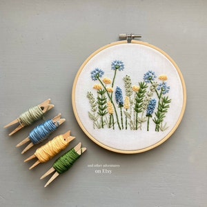 Beginner Hand Embroidery KIT - Blue & Yellow Meadow DIY Embroidery Hoop, Embroidered Flowers, Video Tutorials by And Other Adventures