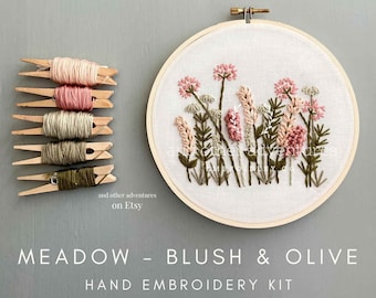 Beginner Hand Embroidery KIT - Blush & Olive Meadow DIY Embroidery Hoop, Pink Flowers, Video Tutorials by And Other Adventures Embroidery Co