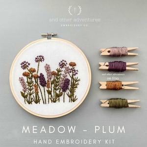 Beginner Hand Embroidery KIT -Plum & Olive Meadow DIY Embroidery Hoop, Purple Flowers, Video Tutorials by And Other Adventures Embroidery Co