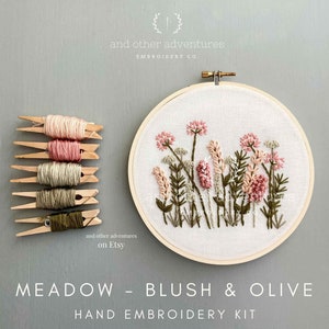 Beginner Hand Embroidery KIT - Blush & Olive Meadow DIY Embroidery Hoop, Pink Flowers, Video Tutorials by And Other Adventures Embroidery Co