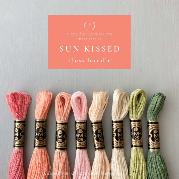 Embroidery Floss Bundle - Sun Kissed, 8 curated DMC thread colors, Pink, Coral, and green color palette for hand embroidery
