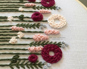 Beginner Hand Embroidery PDF PATTERN - Hand Embroidered Pink Flowers, DIY Valentine Craft Project, Pink and Green Hoop Art