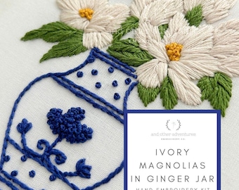 Ivory Magnolias in Navy Blue Ginger Jar - Floral Hand Embroidery KIT,  Chinoiserie Embroidery Design by And Other Adventures Embroidery Co