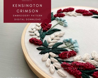 Holiday Wreath Embroidery PDF PATTERN | DIY Hand Embroidery Hoop Art for Beginners by And Other Adventures Embroidery Co, Kensington Crimson