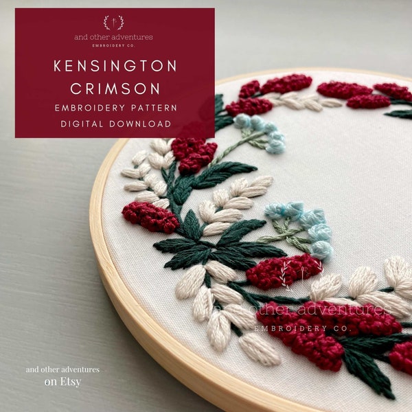Holiday Wreath Embroidery PDF PATTERN | DIY Hand Embroidery Hoop Art for Beginners by And Other Adventures Embroidery Co, Kensington Crimson