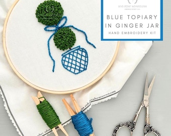 Chinoiserie Topiary DIY Hand Embroidery KIT,  Preppy, Blue Ginger Jar, And Other Adventures Embroidery Co