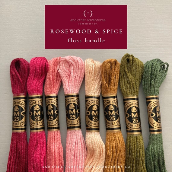 ROSEWOOD & SPICE Embroidery Floss Bundle - 8 curated DMC thread colors, earthy color palette for embroidery and craft projects