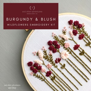 Modern Embroidery Kit – Burgundy & Blush Wildflowers, Beginner DIY Project