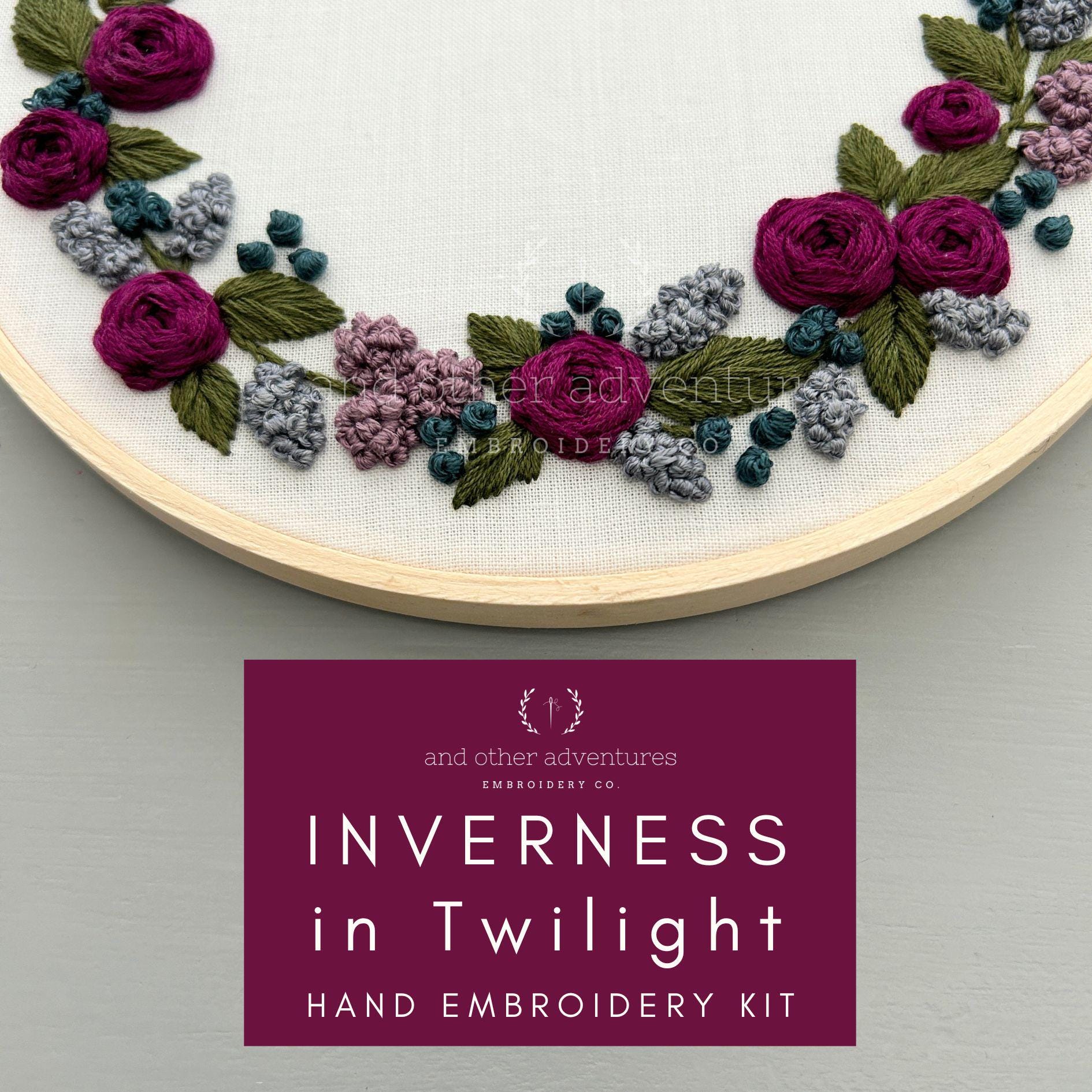 Beginner Hand Embroidery KIT - Inverness in Twilight, moody 7" embroidery hoop, jewel tone flower wreath by And Other Adventures Embroidery