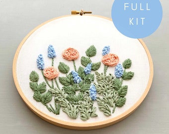 Hand Embroidery KIT - Hawthorne, DIY Embroidered Flowers, Spring Florals Hand Embroidery Hoop, Peach, Sky Blue by And Other Adventures