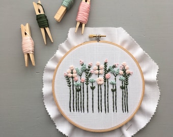 Modern Embroidery Kit - Pastel Wildflowers, Hoop Art, Preprinted Fabric, DIY Gifts, Embroidered Florals, Stitching, Handmade baby gift
