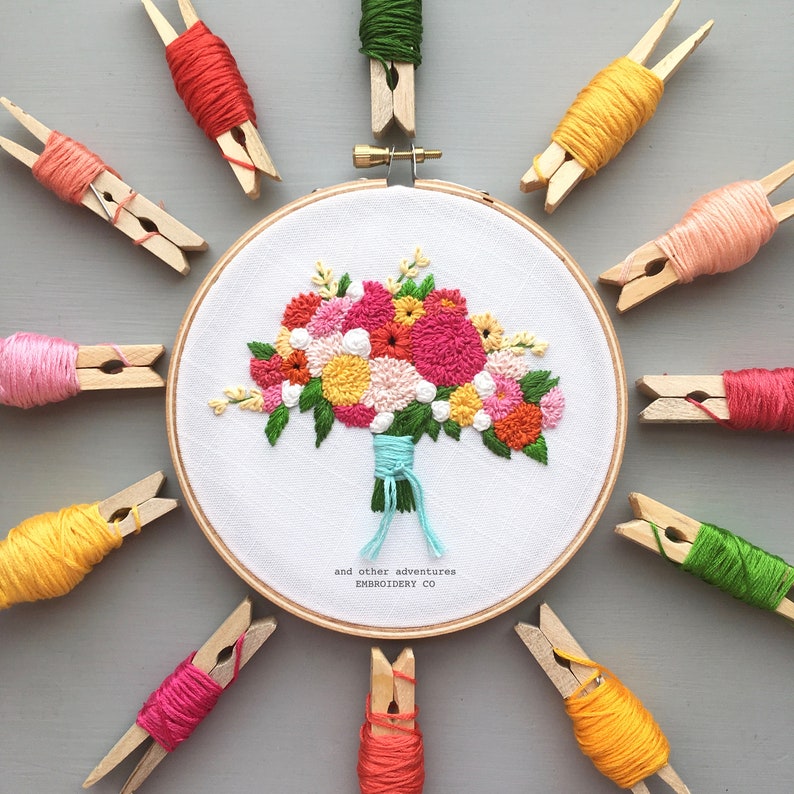 Bright Flowers Colorful Embroidered Bouquet DIY Craft Project Bright Floral Hand Embroidery Pattern by And Other Adventures