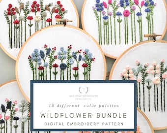 WILDFLOWERS BUNDLE Hand Embroidery PDF Pattern  - 18 color palettes,  diy floral Stitching Project by And Other Adventures Embroidery Co