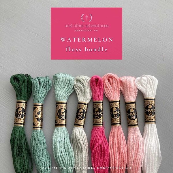 Embroidery Floss Bundle - Watermelon, 8 curated DMC thread colors, pink and green color palette for hand embroidery