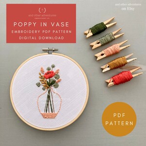 Hand Embroidery Pattern PDF - Poppy in Vase, DIY Embroidered Boho Flowers by And Other Adventures Embroidery Co