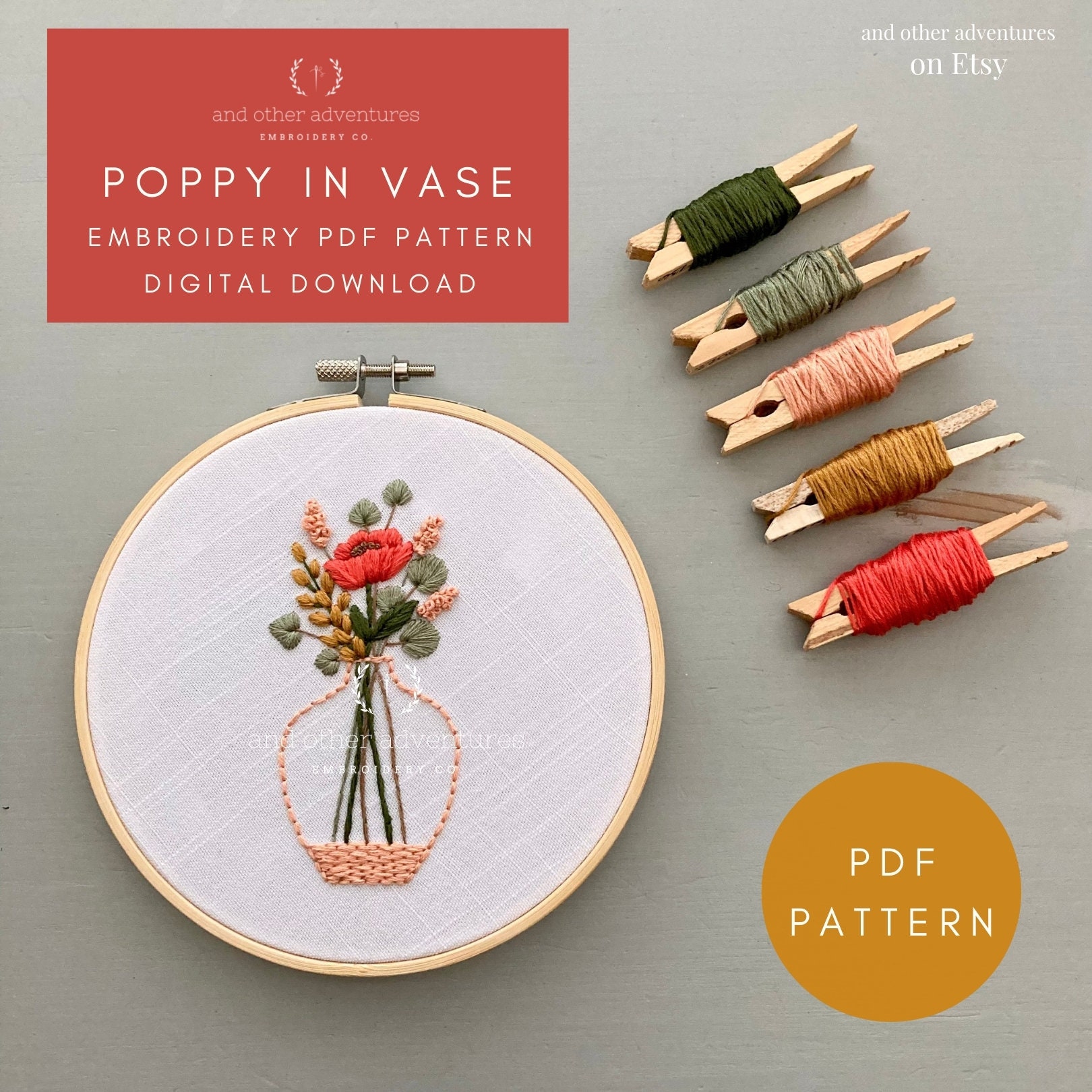 Poppy in Vase Hand Embroidery Pattern – DIY Floral Design (PDF Pattern ...
