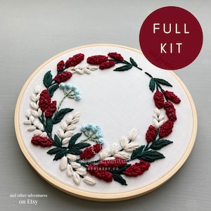 Embroidery KIT - Beginner Christmas Stitching Project, Holiday Wreath DIY Gift, Embroidered Floral Wreath Design by And Other Adventures