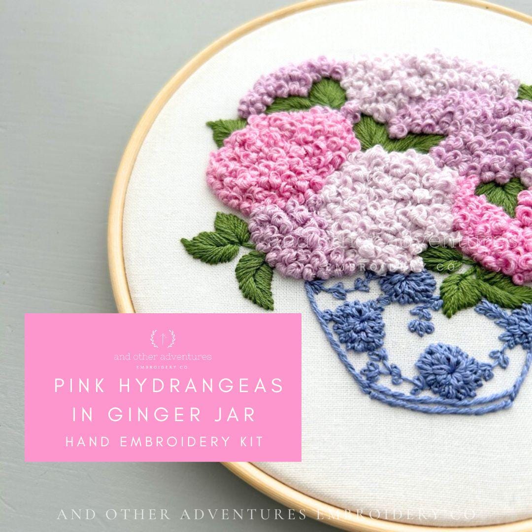 Pink Hydrangeas in Ginger Jar - Floral Hand Embroidery KIT,  Pink Chinoiserie Chic, Mother's Day Gift, And Other Adventures Embroidery Co