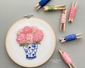 Embroidered Pink Dahlias in Blue Ginger Jar - Intermediate Hand Embroidery KIT,  DIY Spring Flowers by And Other Adventures Embroidery