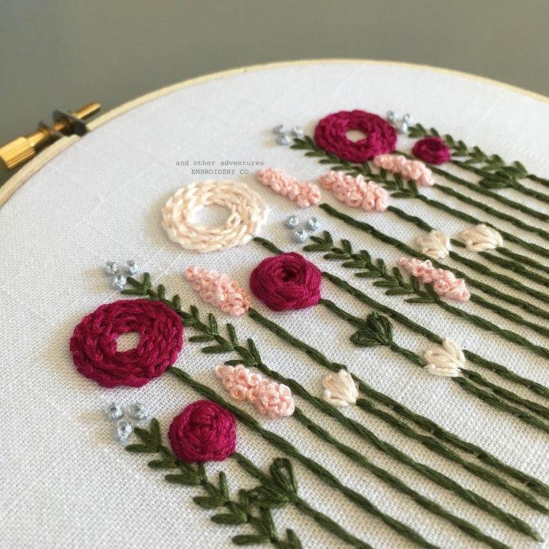 Beginner Hand Embroidery PATTERN Wildwood PDF Download, Hand Embroidered Flowers, DIY Valentine Craft Project, Pink and Green Hoop Art image 4