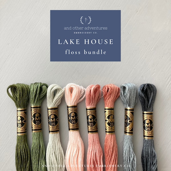 LAKE HOUSE Floss Bundle - 8 curated DMC thread colors, calming color palette for hand embroidery