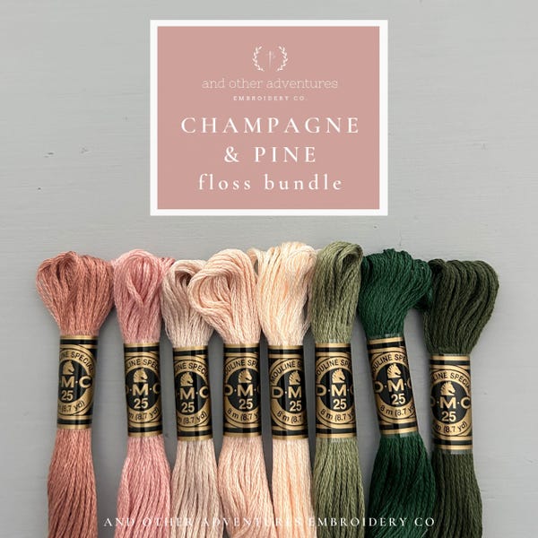 CHAMPAGNE & PINE Embroidery Floss Bundle - 8 curated DMC threads, beautiful blush dark green color palette for embroidery and craft projects