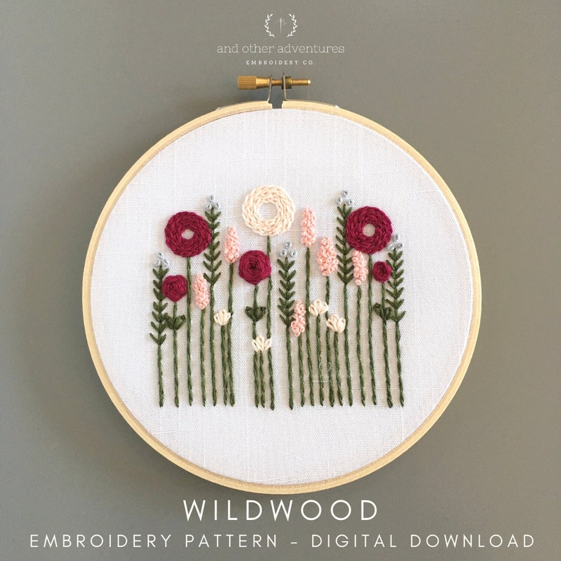 Beginner Hand Embroidery PATTERN Wildwood PDF Download, Hand Embroidered Flowers, DIY Valentine Craft Project, Pink and Green Hoop Art image 1