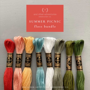 SUMMER PICNIC Embroidery Floss Bundle - 8 curated DMC thread colors, bright color palette for hand embroidery and crafts