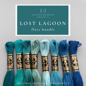 May include: A floss bundle for embroidery, labeled "Lost Lagoon" with eight spools of DMC embroidery floss in shades of blue and green. Each spool is labeled "DMC" and has a number 25 printed on it.